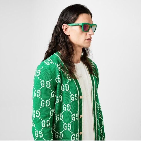 Gucci GG1571S 004 BRAND NEW Sunglasses Green Blue Mirrored Logo Unisex Square - Picture 5 of 13